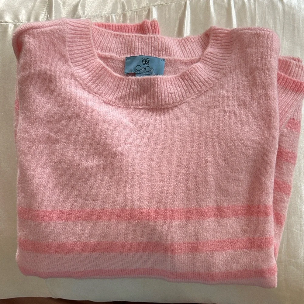 CeCe LIGHT PINK STRIPED WOMENS CREWNECK SWEATER - Picture 8 of 8